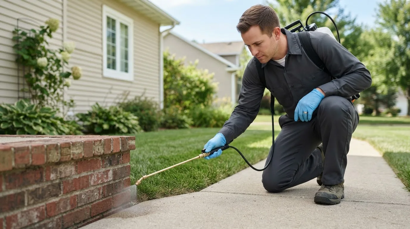 Pest control technician treating a home near Biwabik, MN